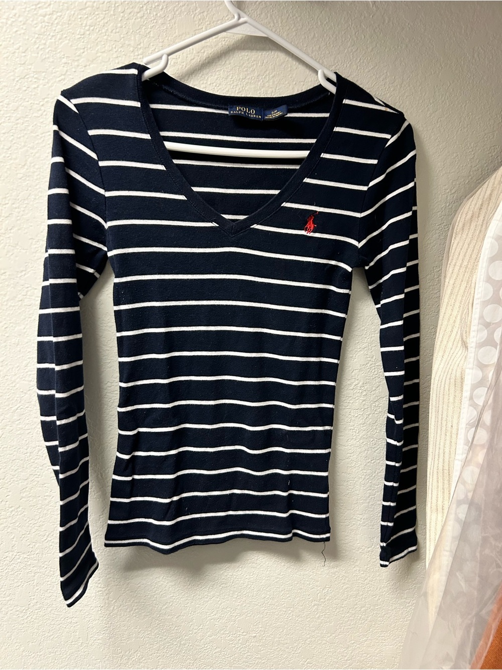 Ralph Lauren Navy & White Striped V-Neck Long Sleeve Tee